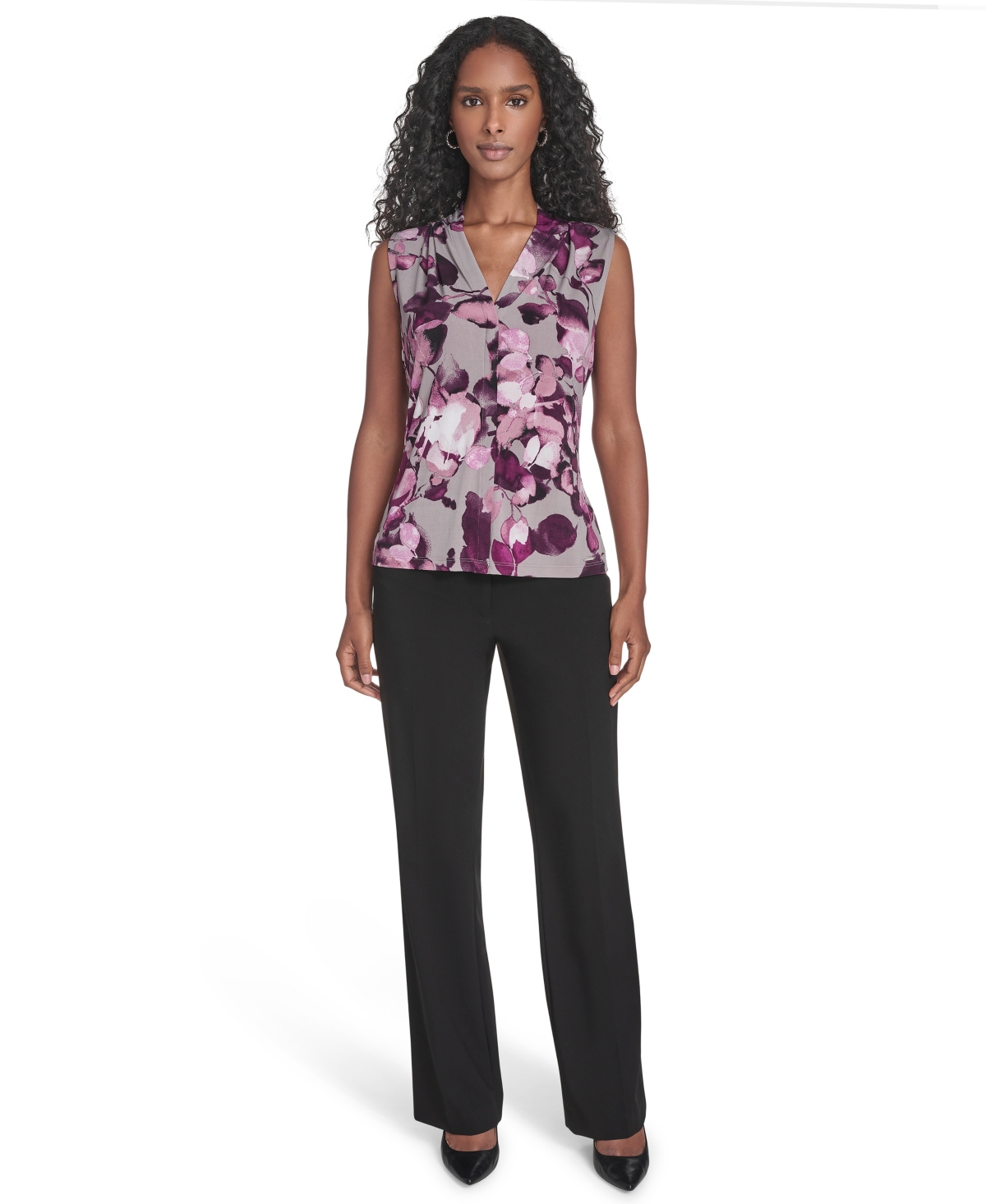 Calvin Klein Ruffle Front Cap Sleeve Top In Purple