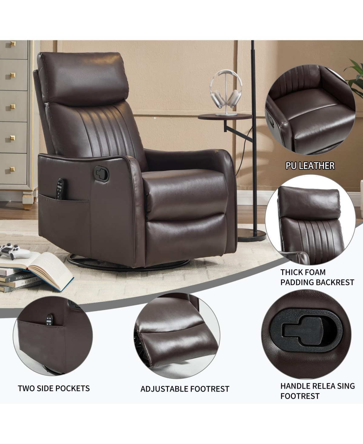 Boyel Living Heat Massage Manual Recliner Chair with Rocker and Swivel Fabric for Room