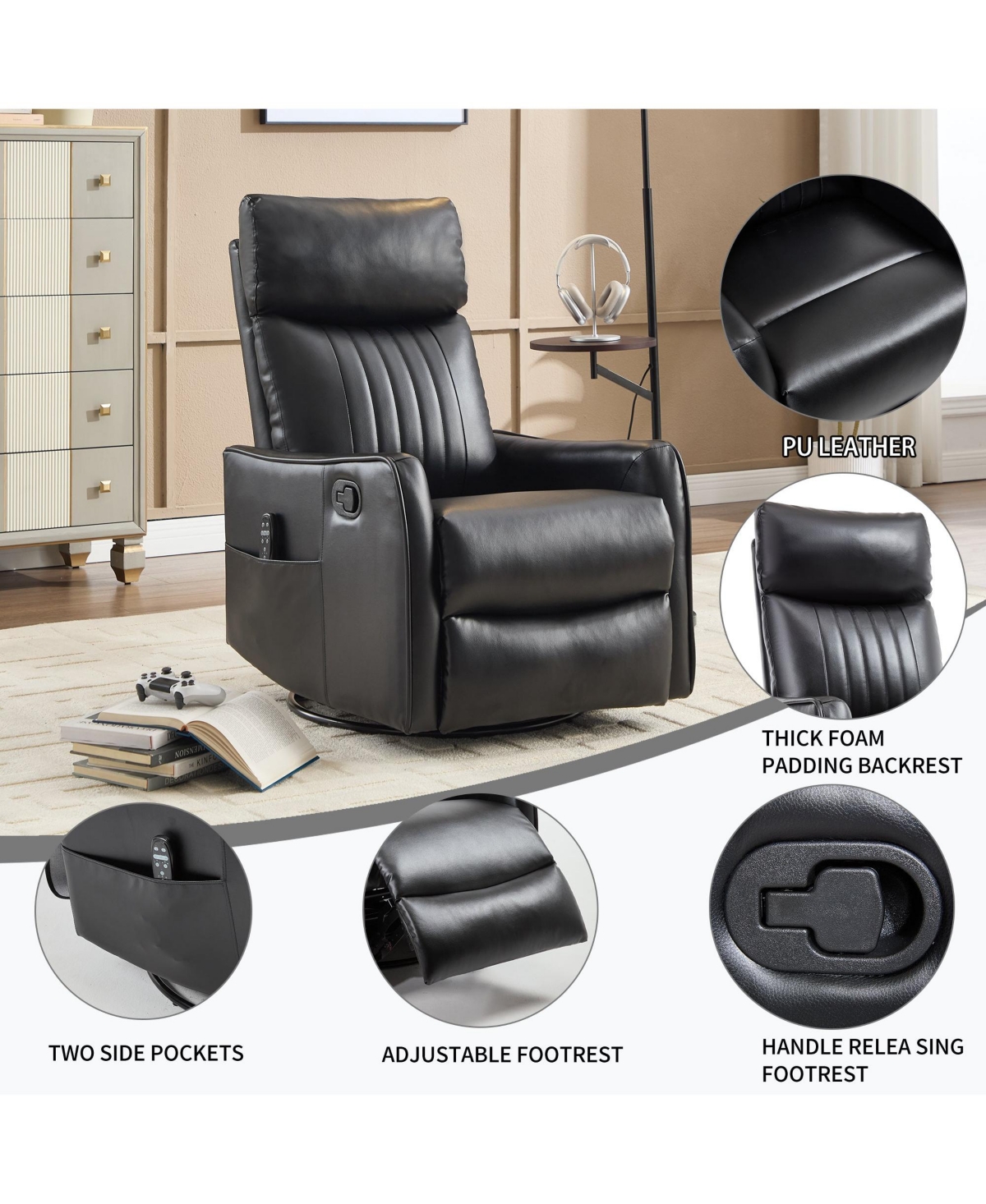 Boyel Living Heat Massage Manual Recliner Chair with Rocker and Swivel Fabric for Room