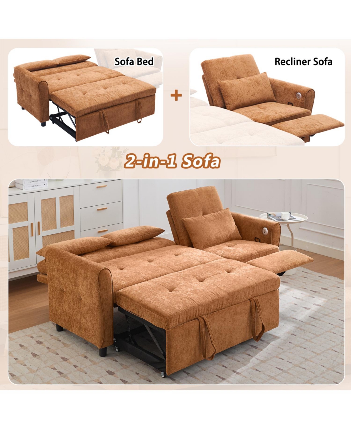 Streamdale Furniture 2-in-1 Sofa Bed with Reversible Recliner