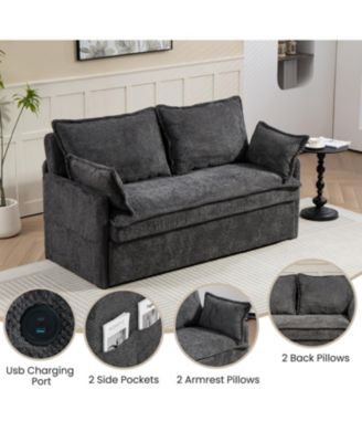 Corduroy Pull Out Sofa Bed with USB Charging
