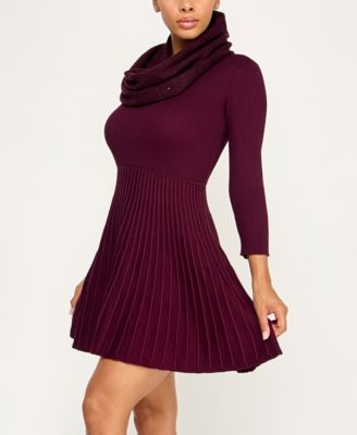 Juniors' Detachable Scarf Fit & Flare Sweater Dress