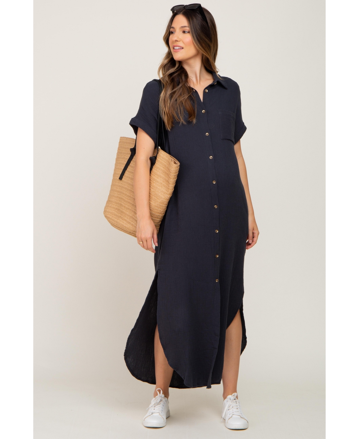 Pinkblush Maternity Charcoal Button Down Midi Dress