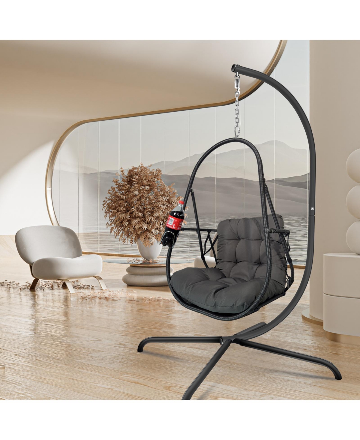 Flynama 55 Inch Swing Egg Chair with Stand Cup Holder and Removable Guardrails