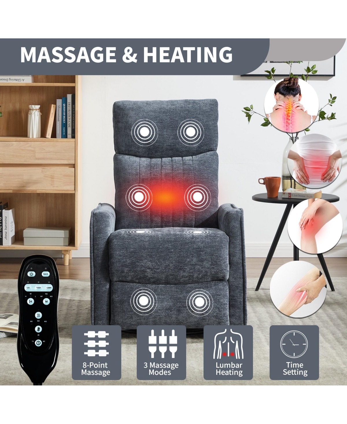 Boyel Living Heat Massage Manual Recliner Chair with Rocker and Swivel Fabric for Room