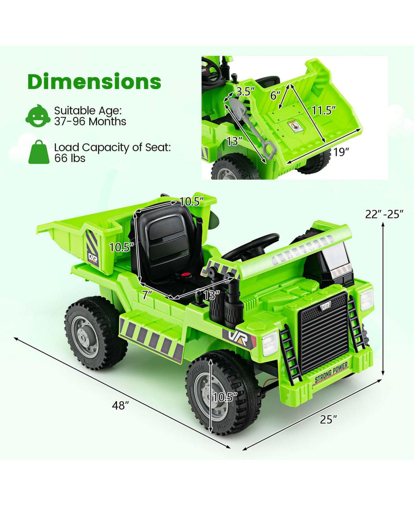 Детская игрушка Costway 12V Ride-On Dump Truck with LED Lights, Music & Wireless Connection, Ages 3+, цвет: Зелёный — фото 3