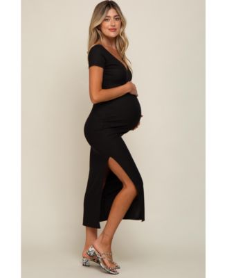Maternity Black Basic Ribbed Side Slit Midi Dress