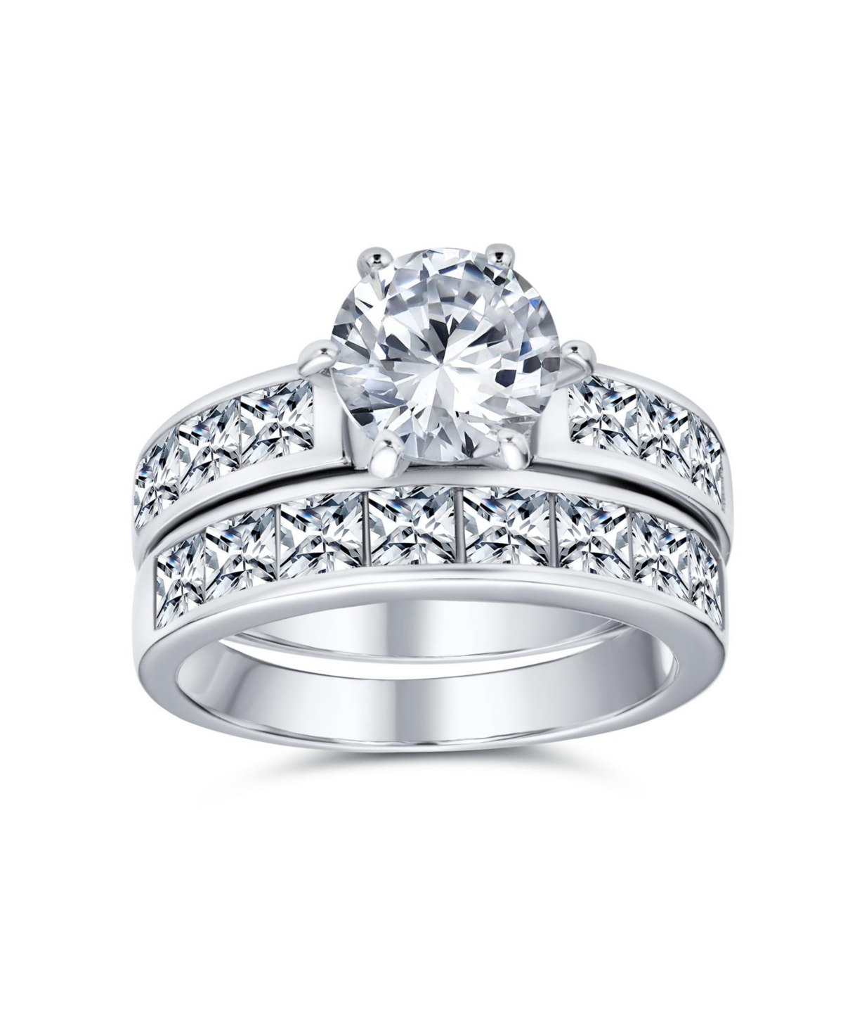 Bling Jewelry 3CT Classic Round Solitaire Cubic Zirconia With Cz Side Stone Princess Cut Band Promise Ring Set Sterling Silver