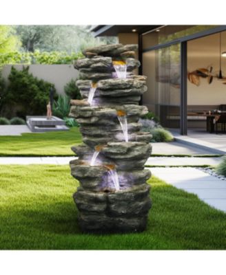40" High 6-Tiers Cascading Rock Outdoor Water Fountain with LED Lights - Large Outdoor Fountains and Waterfalls for Garden or Patio, Yard, and Deck Decor, Featuring Natural Stone Look