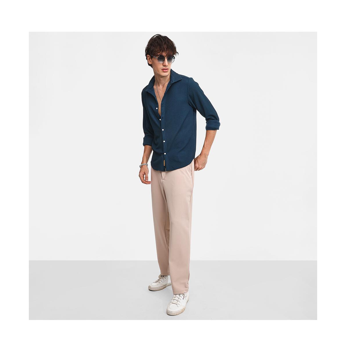 Campus Sutra Men's Aegean Blue Stripe-Creased Shirt