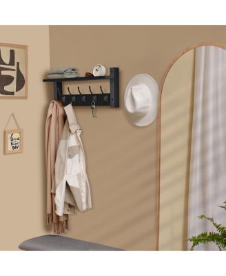 16 Inch Floating Wall Shelf with 5 Heavy Duty Hooks &amp;#x2013; for Entryway, Bathroom, Bedroom, Kitchen, or Mudroom