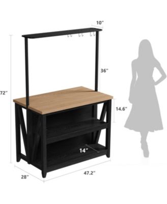 Wooden Kitchen Island with Power Outlet, LED Lights, 3-Tier Microwave Stand, Oven Shelf & Coffee Bar Table with Hooks
