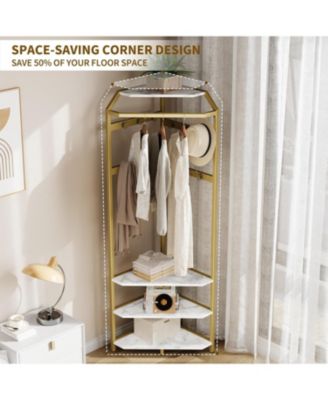 Corner Coat Rack With Shoe Bench and 6 Double Hooks, Corner Hall Tree - Clothes Rack With Storage Hall Tree With Organizer Shelf for Entryway, Hallway, Closet (02-Gold)