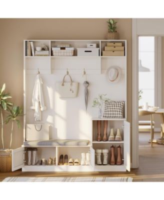 Hall Tree with Shoe Storage, 78.8" Entryway Bench with Coat Rack, with 4 Shoe Cabinet, 4 Coat Hooks, 3 Top Open Shelves, 5-in-1 Freestanding Coat Rack for Hallway, Bedroom, Living Room