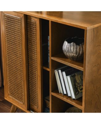 CASAINC 1Pc Mid Century MDF Solid Wood Legs Rattan Doors Adjustable Shelf Cable Hole Sideboard
