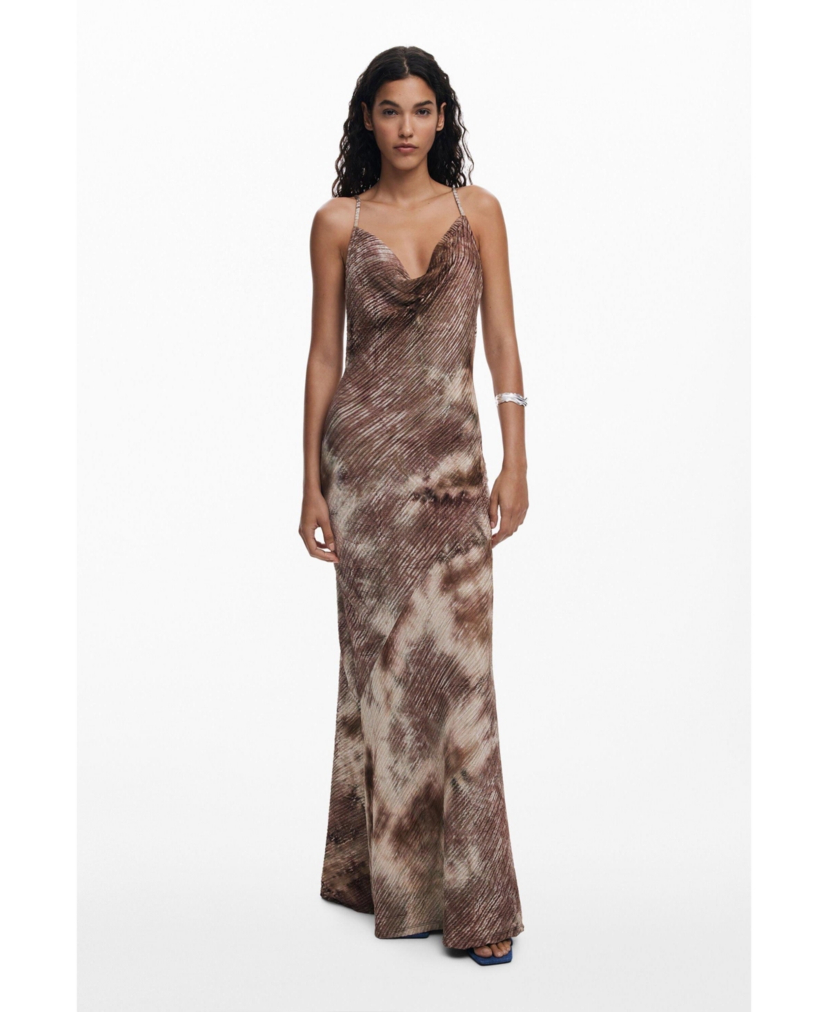 Desigual Cowl Neck Ribbed Maxi Dress In Brown