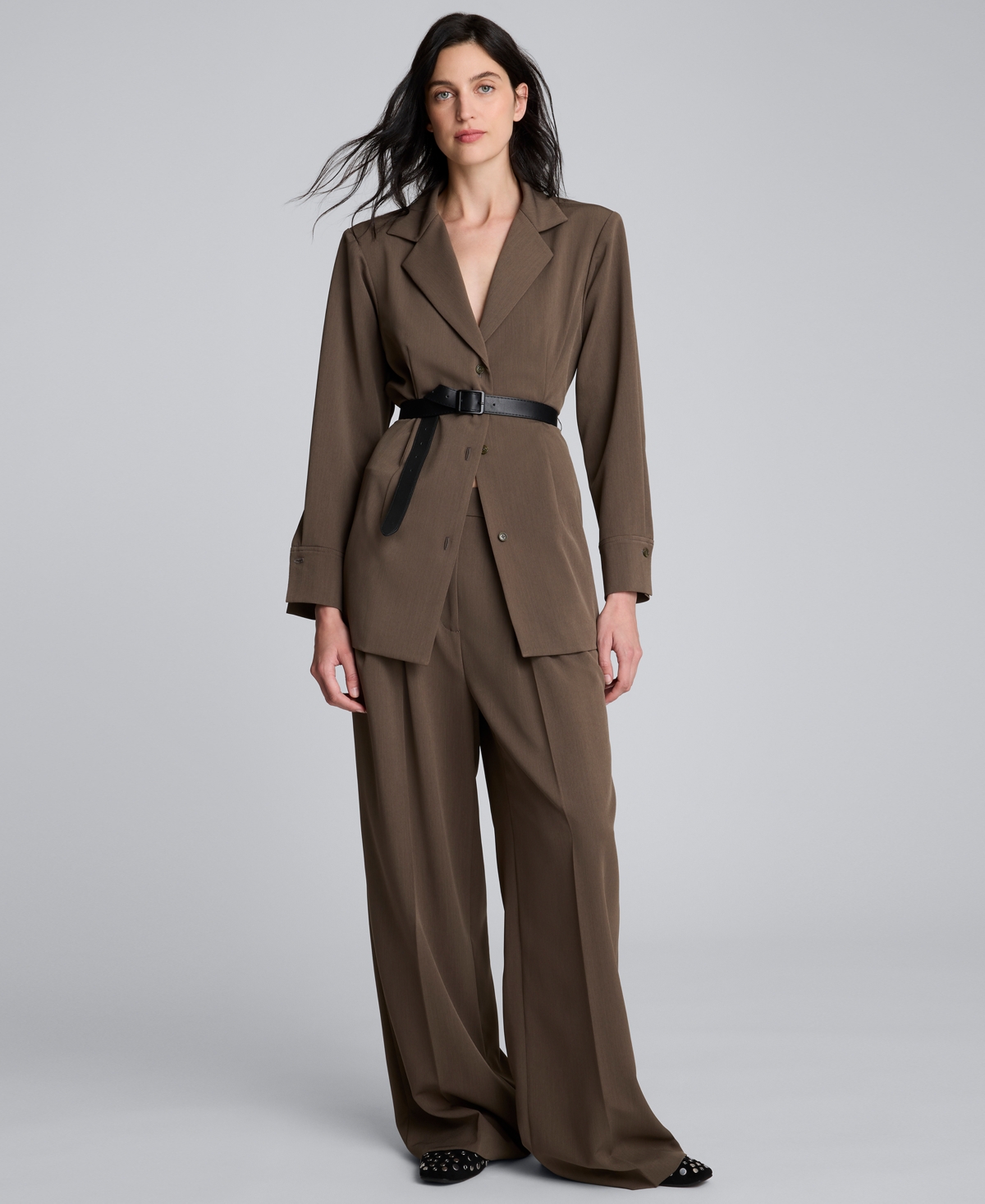 Kenneth Cole Double Pleat High Waist Wide Leg Pants In Brown