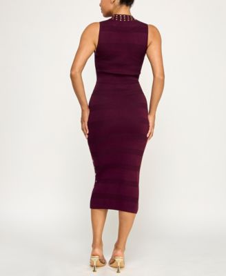 Juniors' Mock Neck Sleeveless Studded Midi Sweater Dress