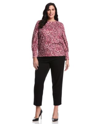 Plus Size Paisley Print Puff Long Sleeve Crew Neck Top
