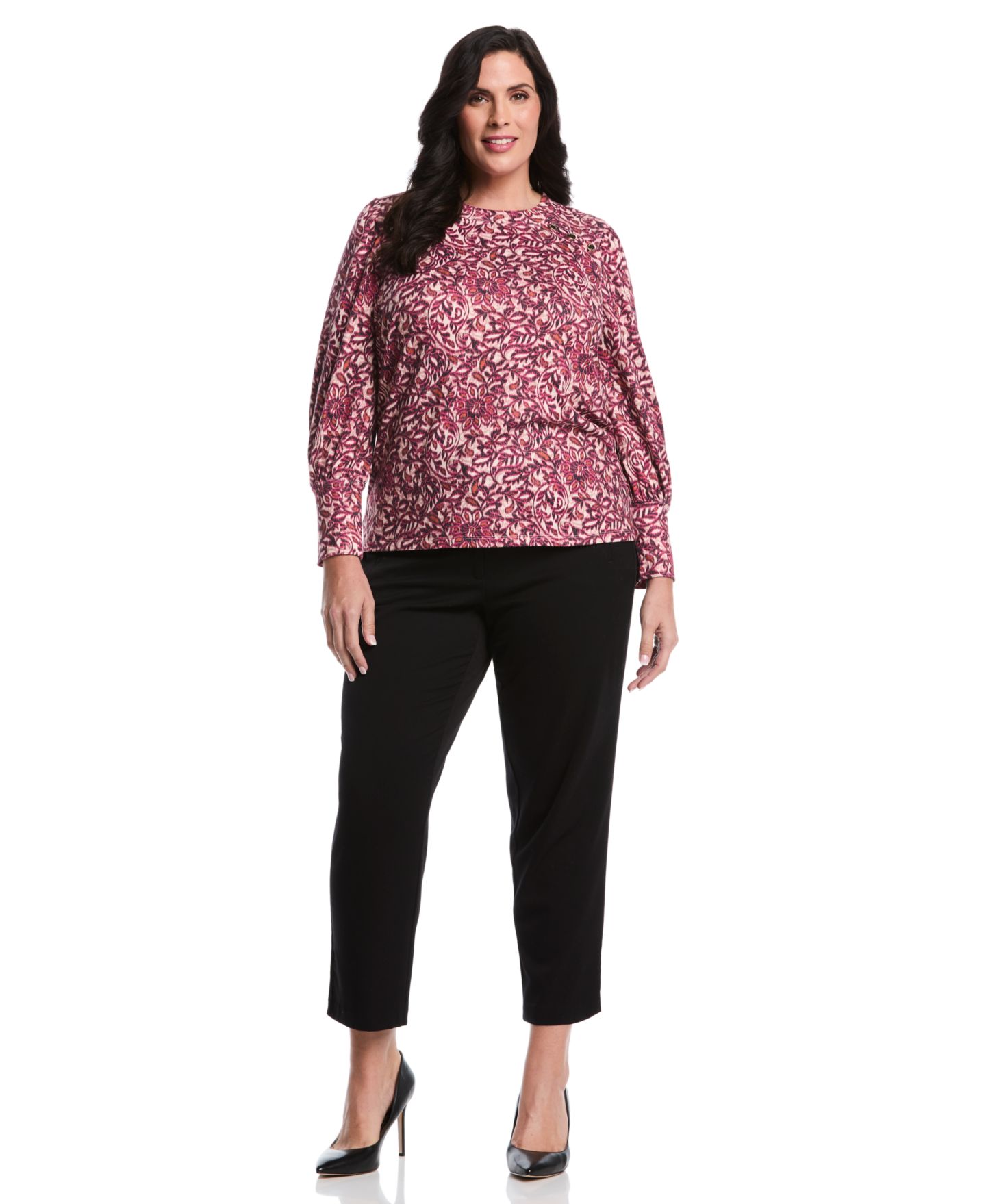 Женский топ Rafaella Plus Size Paisley Print Puff Long Sleeve Crew Neck, цвет: Фиолетовый — фото 2