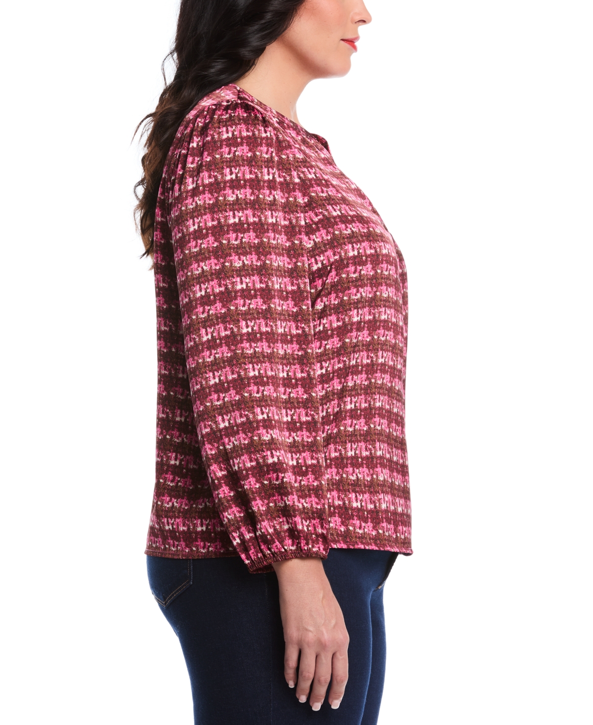 Rafaella Plus Size Crosshatch Print Split Neck Long Sleeve Popover Top In Purple