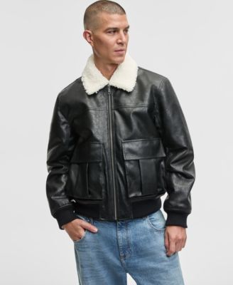 Mode of One - Men's Relaxed-Fit Faux-Sherpa-Collar Faux-Leather Bomber Jacket