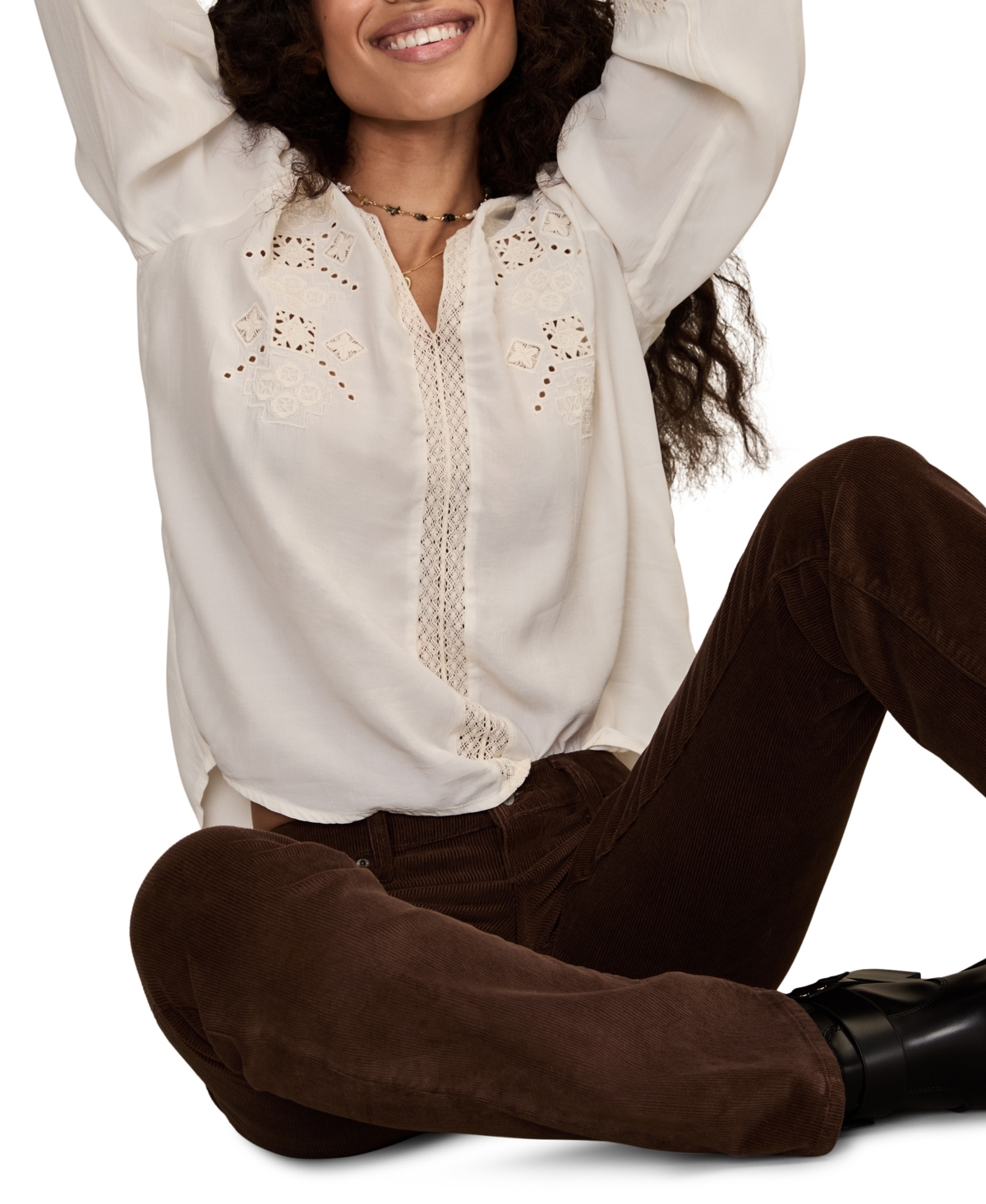 Lucky Brand Schiffli Lace Accent Peasant Top In Neutral