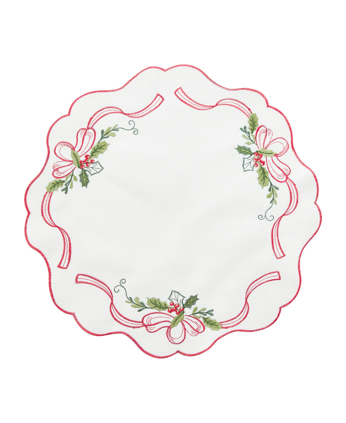 Elrene Holly Ribbon Embroidered Cutwork Fabric Round Placemat, 15" In White