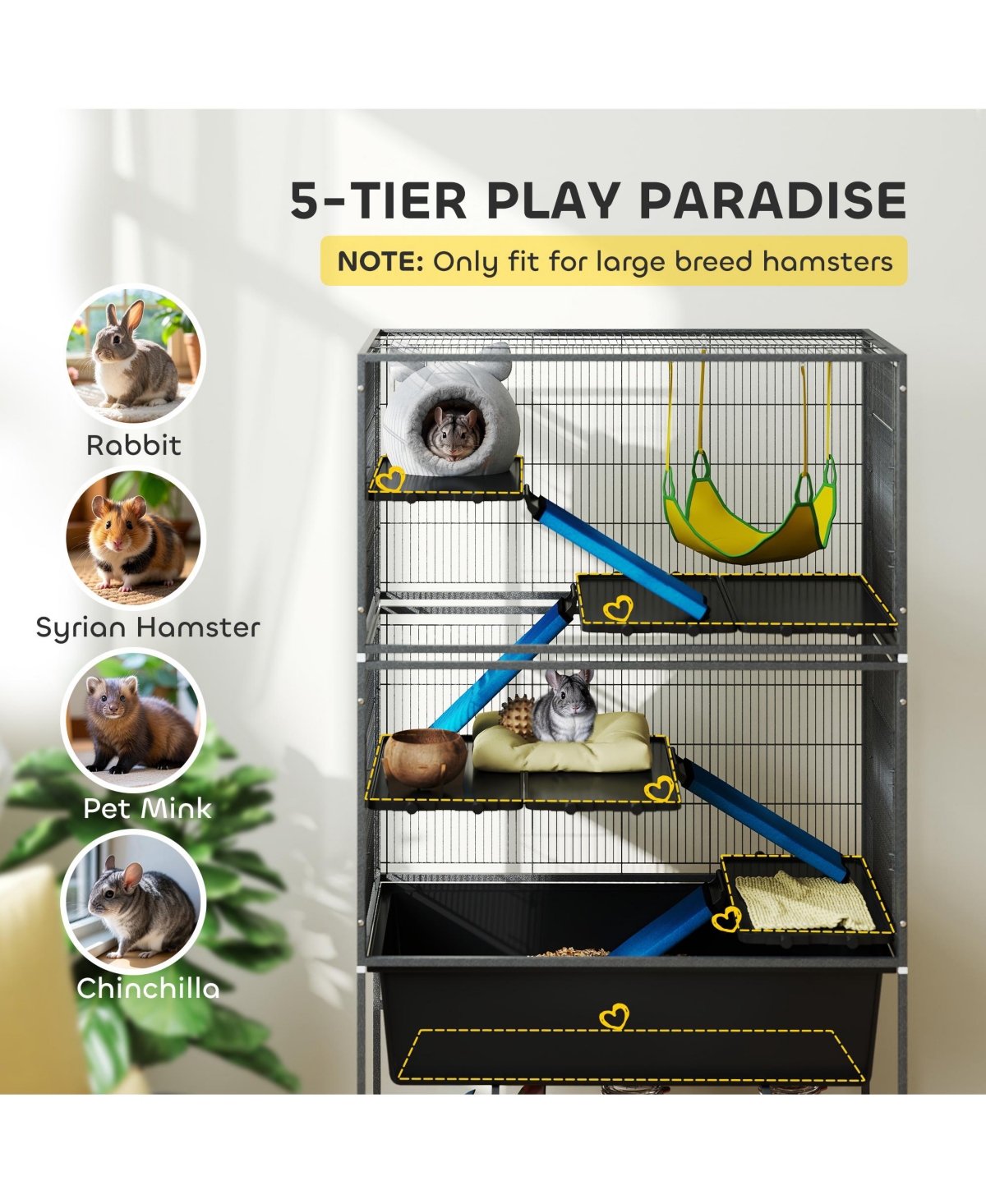 PawHut 59" 5-Level Rolling Small Animal Cage w/ Deep Tray, Non-Slip Ramps