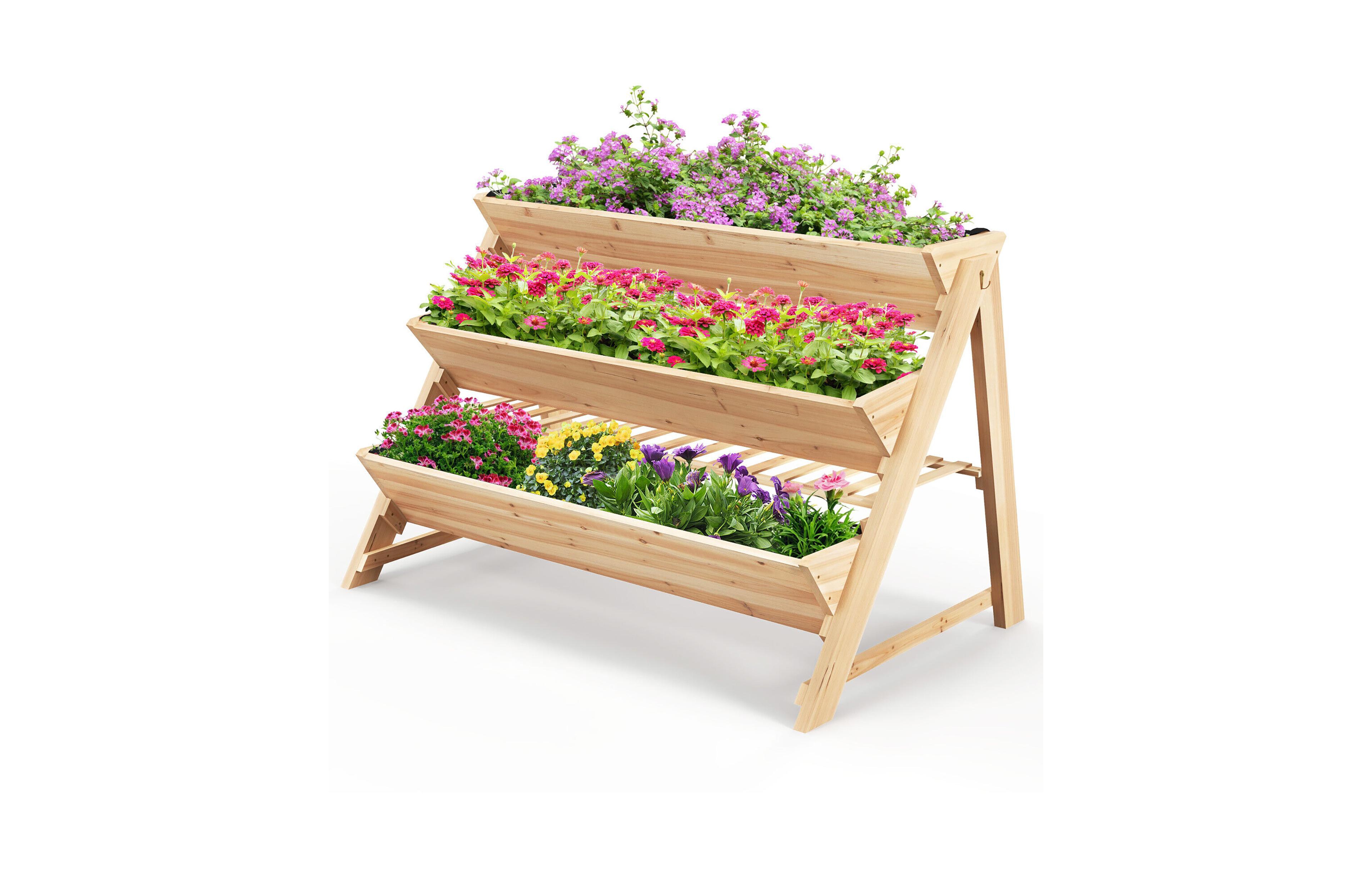 Gymax 3-tier Raised Garden Bed w/2 Side Hooks Storage Shelf Garden Planter for Flowers