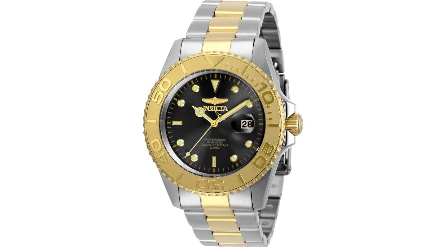 Мужские часы Invicta 29948 Pro Diver Quartz 3 Hand Black Dial, цвет: Золотой — фото 1