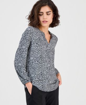 AK Anne Klein - Women's Printed Split-Neck Long-Sleeve Top