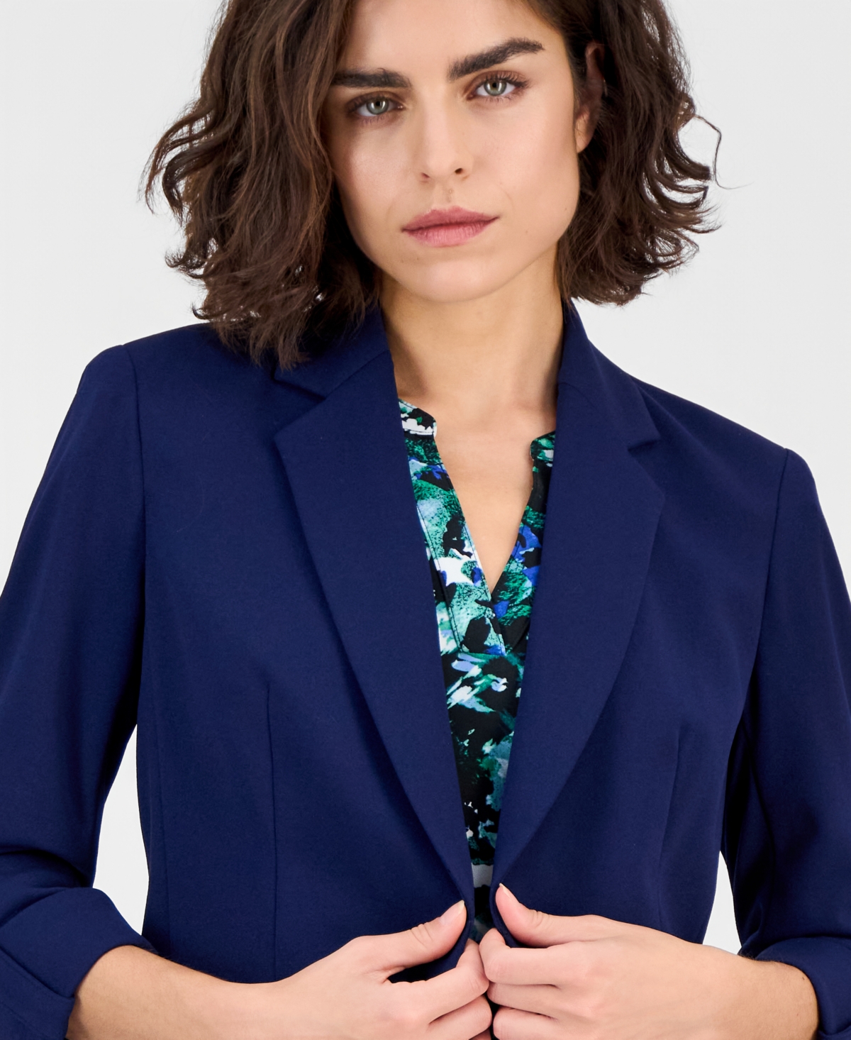 Ak Anne Klein Petite Notched-collar One-button Jacket In Blue