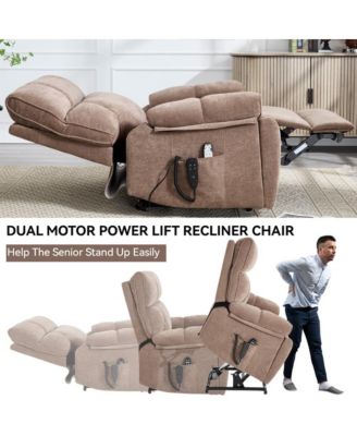 Oversized Chenille Lift Recliner with Heat & Massage, Cup Holders, Dual Motor Electric Chair for Seniors-Maison Boucle