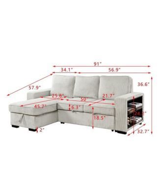 Modern Pull-Out Sofa Bed with Storage Chaise, USB Charging & Bookshelf Arm, Sleeper Sectional Couch for Small Spaces