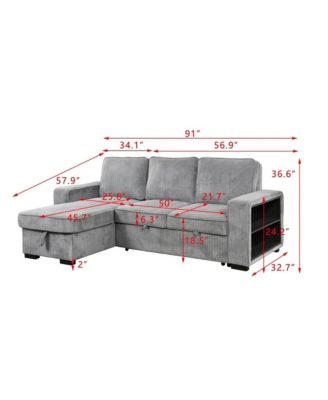 Modern Pull-Out Sofa Bed with Storage Chaise, USB Charging & Bookshelf Arm, Sleeper Sectional Couch for Small Spaces