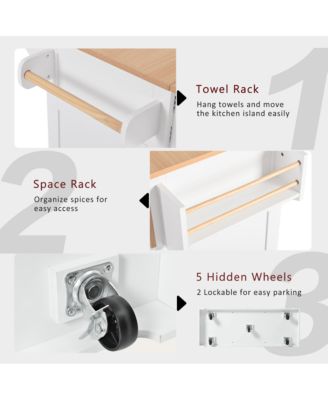 55.7" Rolling Kitchen Island with Dual Drop Leaves, Power Outlet, Storage Drawers & Cabinets