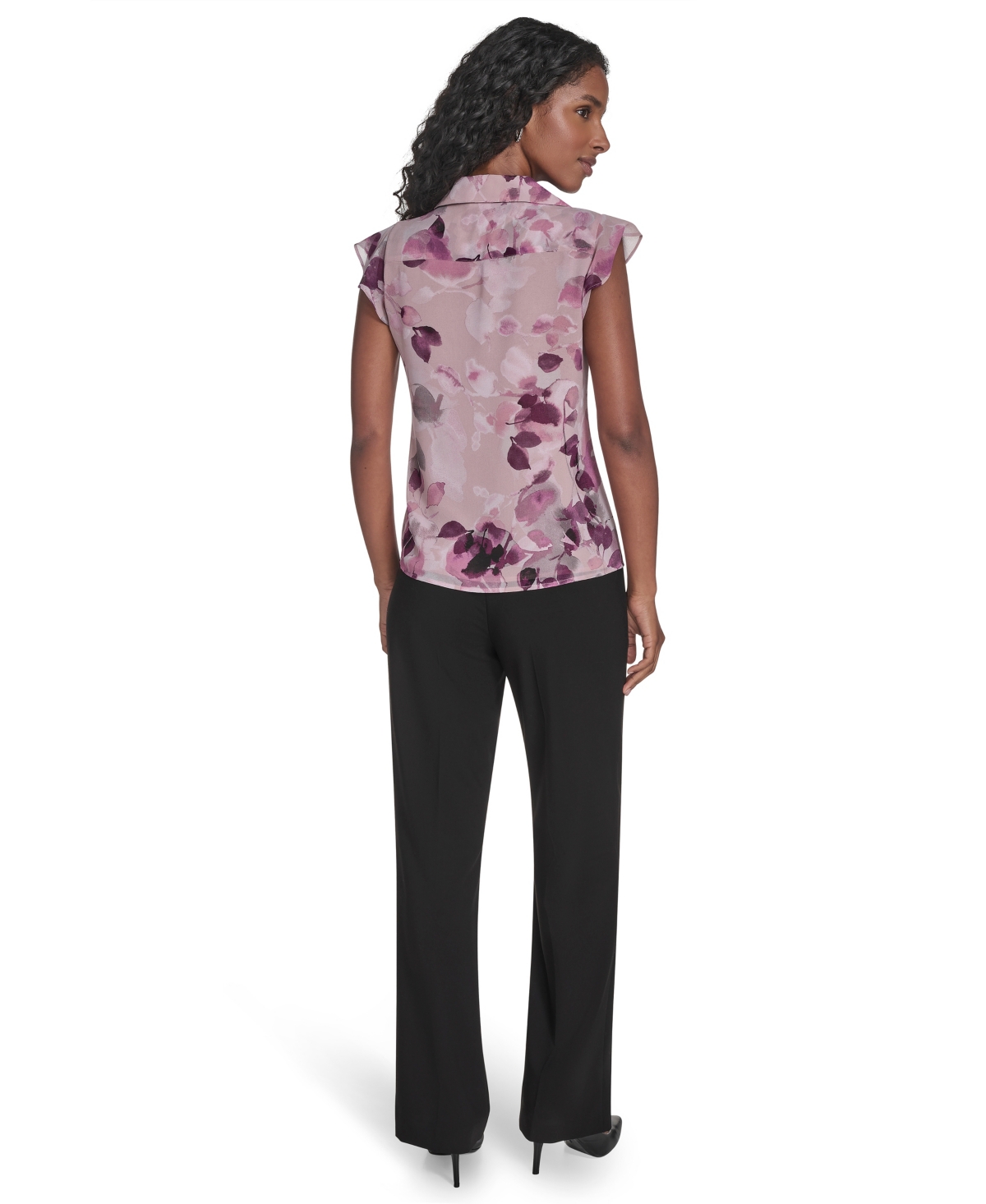 Calvin Klein Petite Printed Short Sleeve Ruffle Front Blouse In Purple