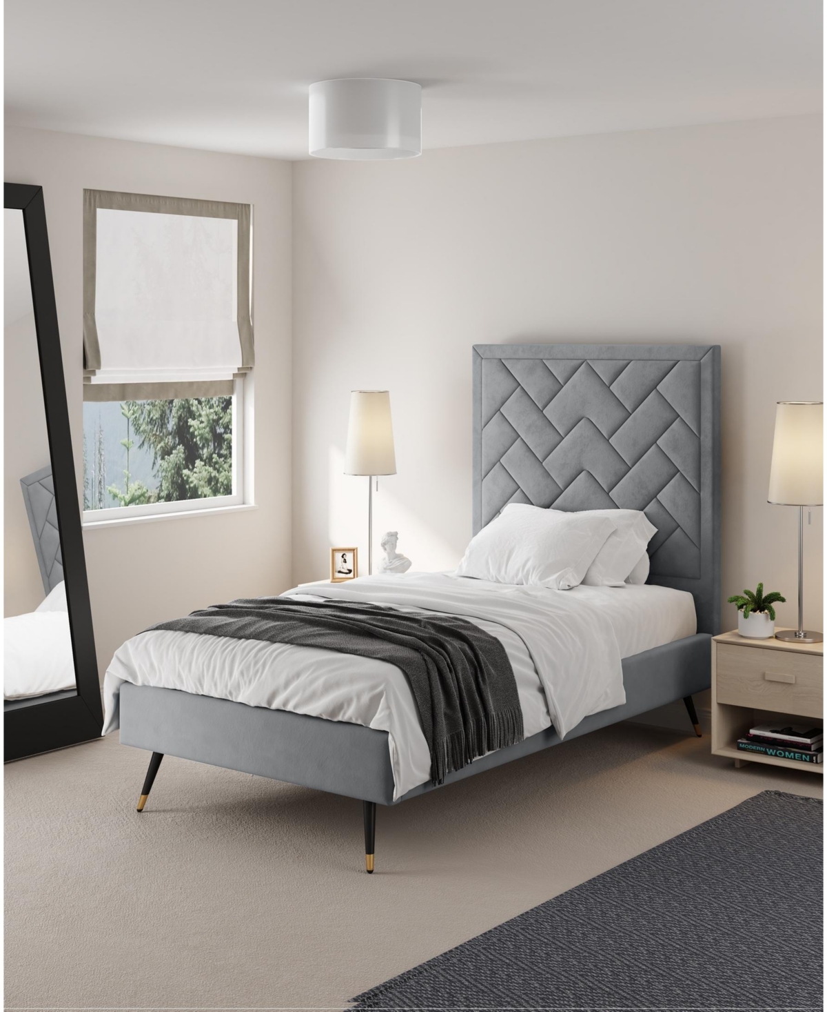 Manhattan Comfort Crosby Modern Twin-size Velvet Upholstered Bedframe And Headboard In Gray