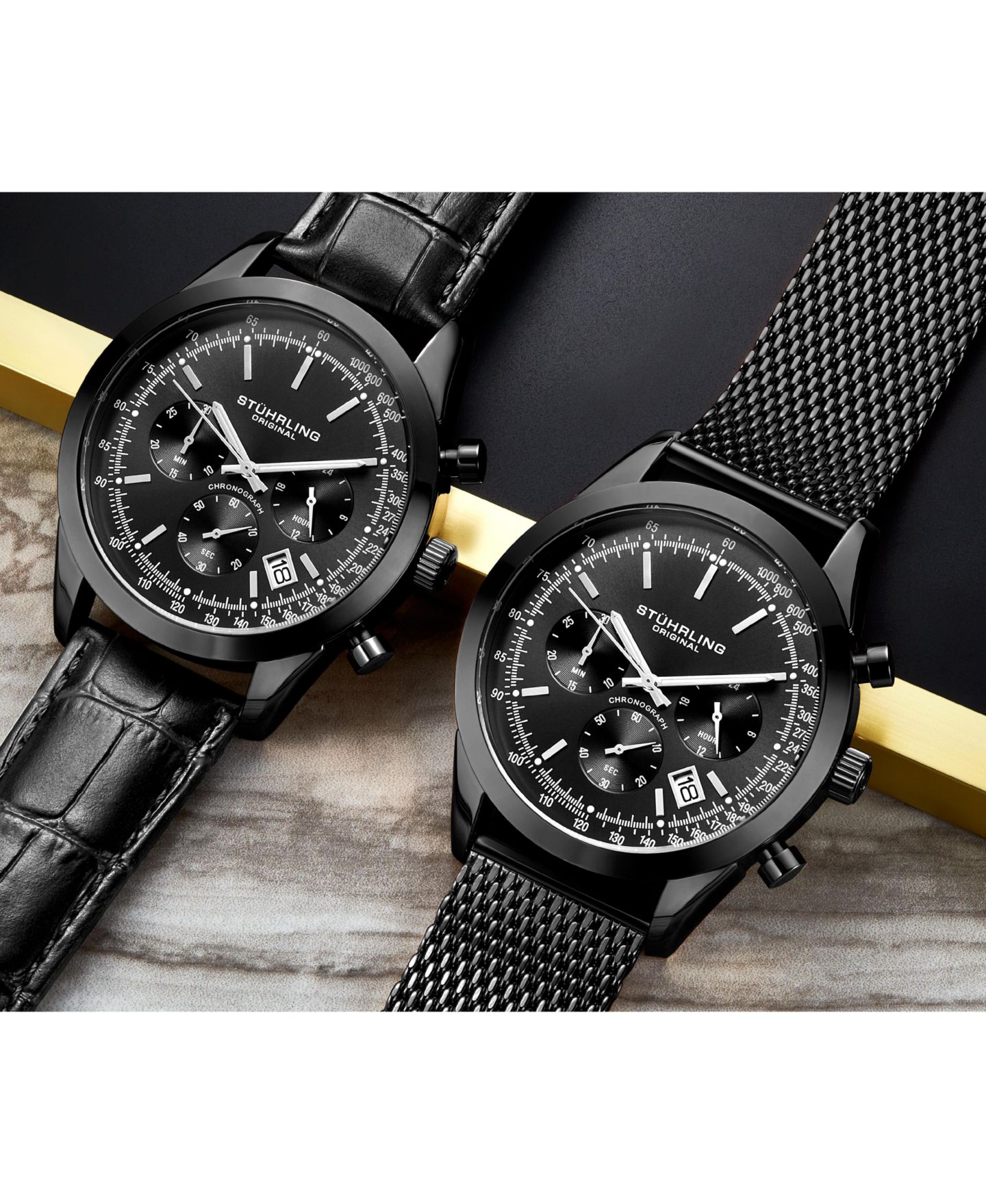 Мужские часы Stuhrling Monaco Black Leather, Black Dial, 44mm Round Watch — фото 5