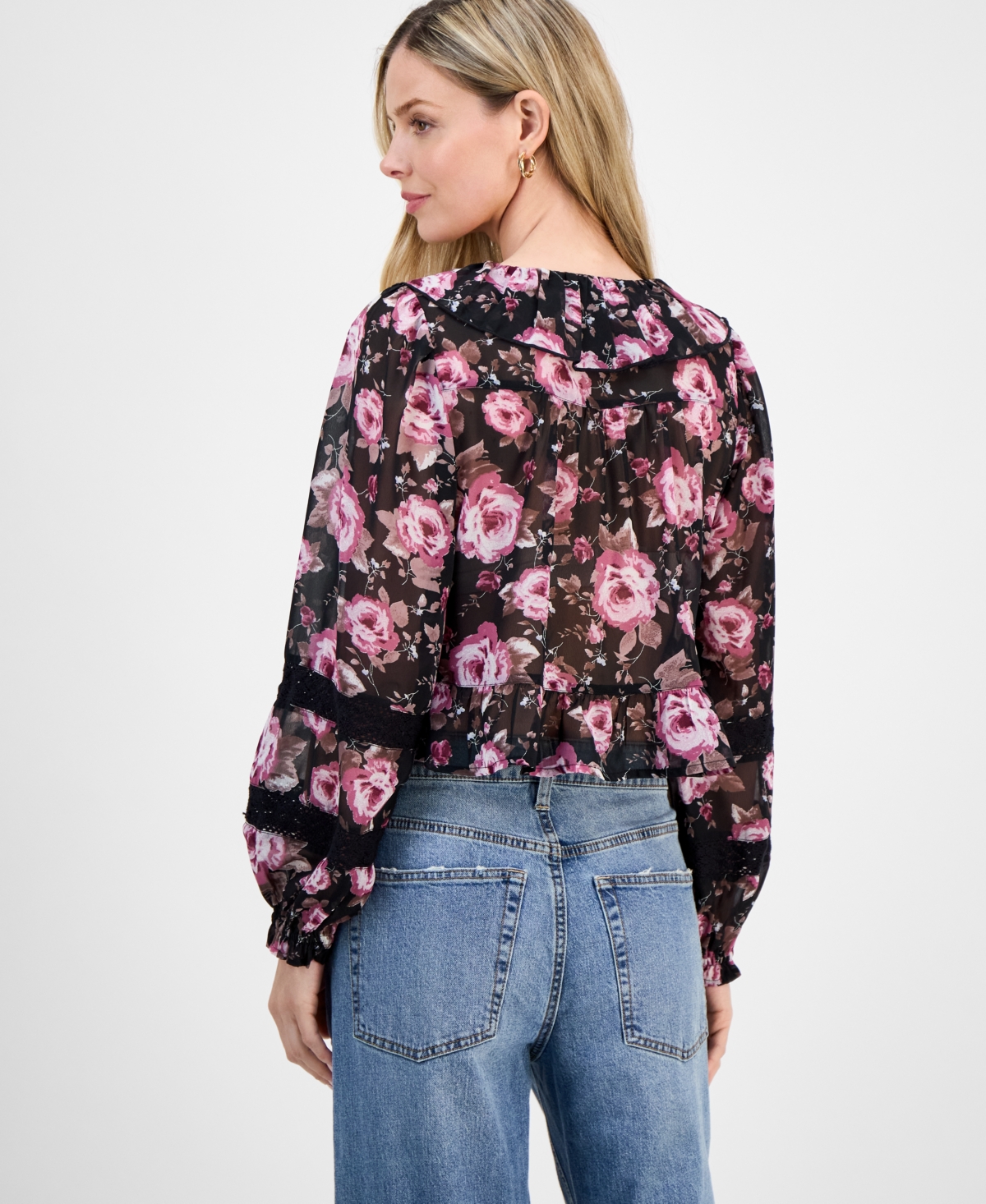 And Now This Petite Printed Long-sleeve Ruffle Top, Macy's Exclusive In Blue