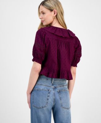 Petite Ruffled-Front Clip-Dot Cotton Top, Exclusively at Macy's