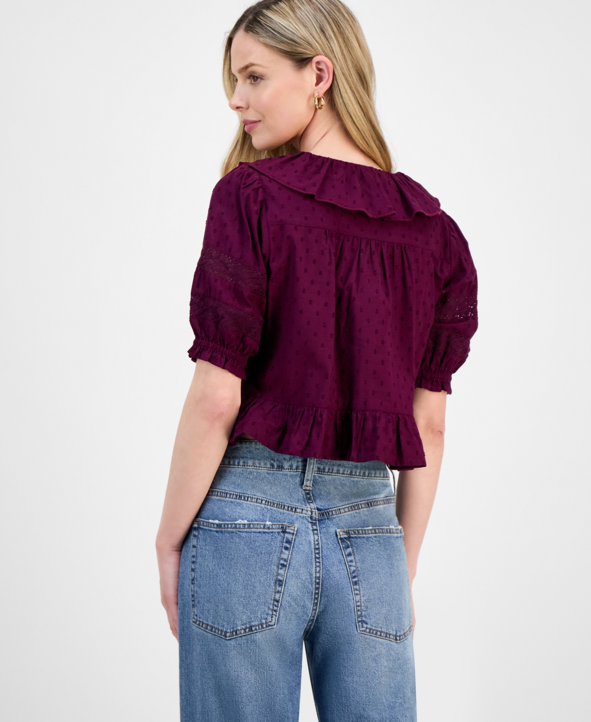 And Now This Petite Ruffled-Front Clip-Dot Cotton Top, Exclusively at Macy's