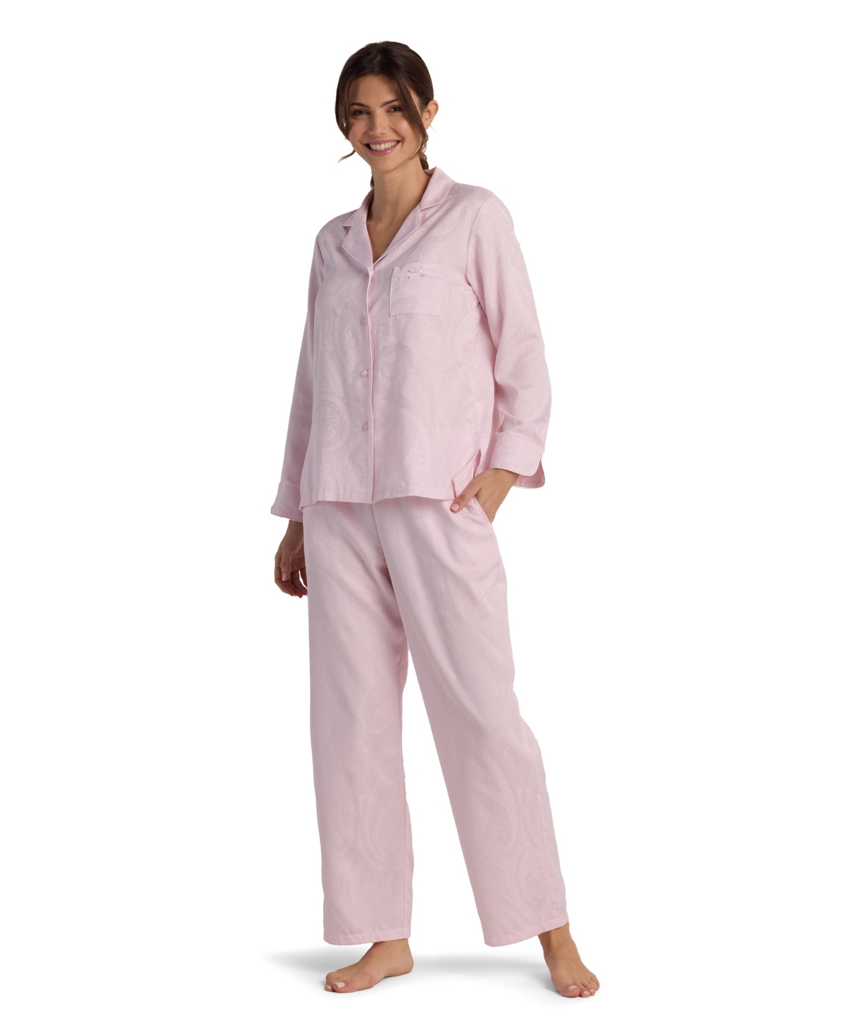 Miss Elaine Petite 2-piece Long Sleeve Top And Pull-on Pants Pajama Set In Pink