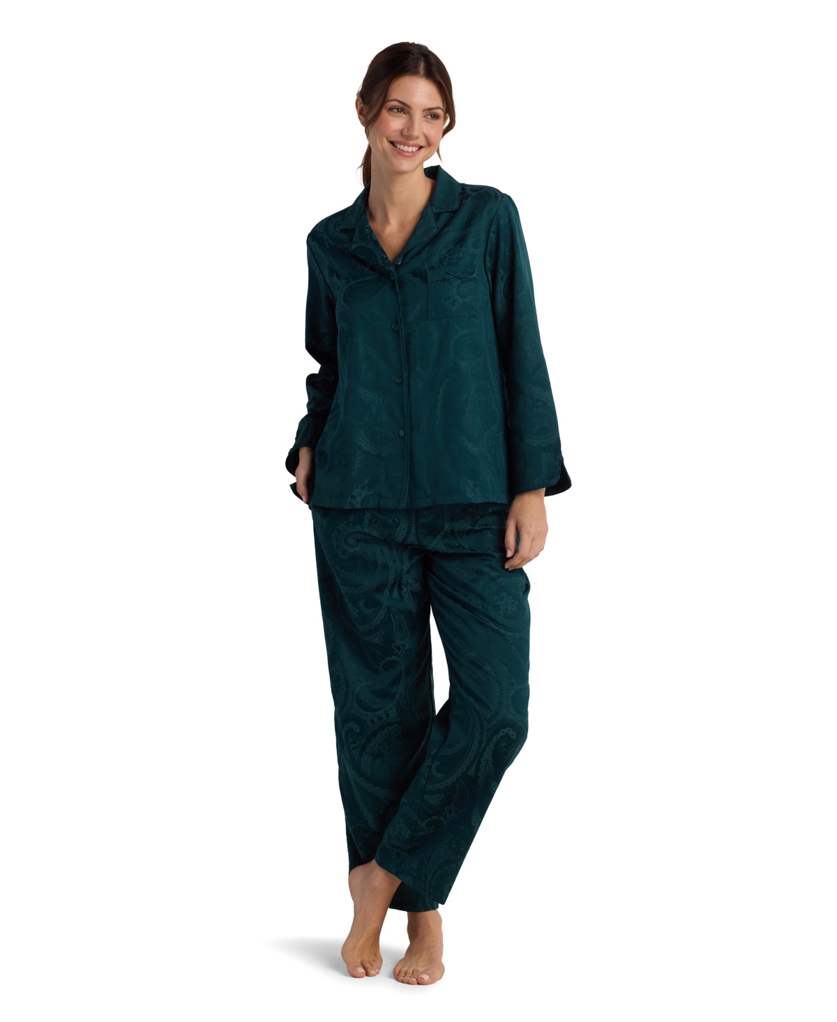 Miss Elaine Petite 2-piece Long Sleeve Top And Pull-on Pants Pajama Set In Black
