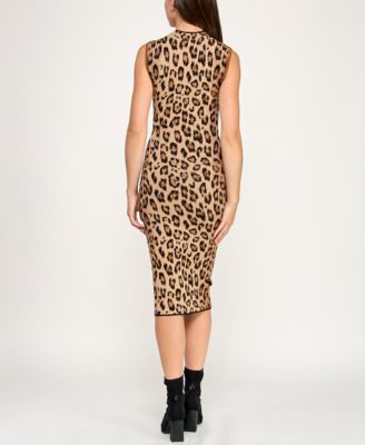 Juniors Leopard Mock Neck Animal Midi Sweater Dress