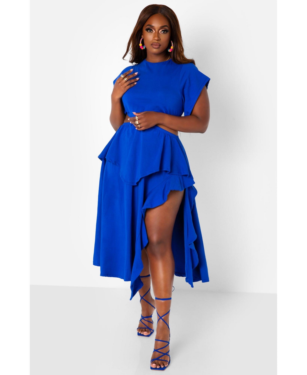 Rebdolls Plus Cut Out High Slit Midi Skater Dress - Royal Blue