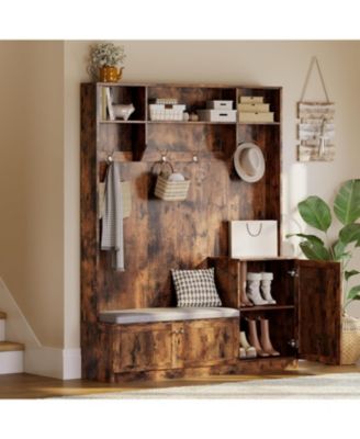 Hall Tree with Shoe Storage, 78.8" Entryway Bench with Coat Rack, with 4 Shoe Cabinet, 4 Coat Hooks, 3 Top Open Shelves, 5-in-1 Freestanding Coat Rack for Hallway, Bedroom, Living Room