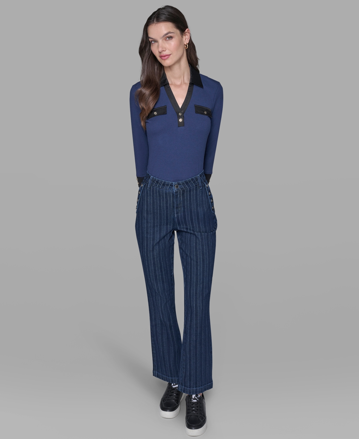 Karl Lagerfeld Paris Women's Striped Straight Fit Jeans