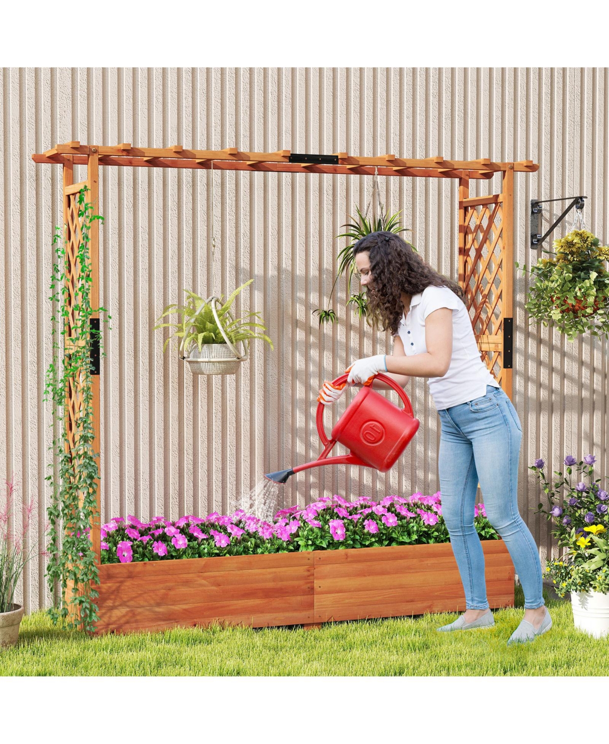 Gymax 2PCS Raised Garden Bed Planter Box w/ Side & Top Trellis for Vine Climbing Plants